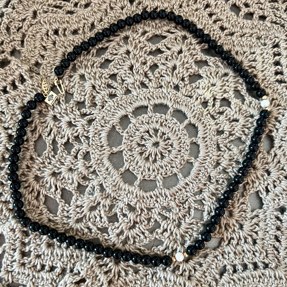 Vintage 14K Gold Black Onyx & Pearl Bead Necklace 18”
